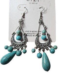 Chandelier Earrings Faux Turquoise Silver tone Ciel western statement jewelry